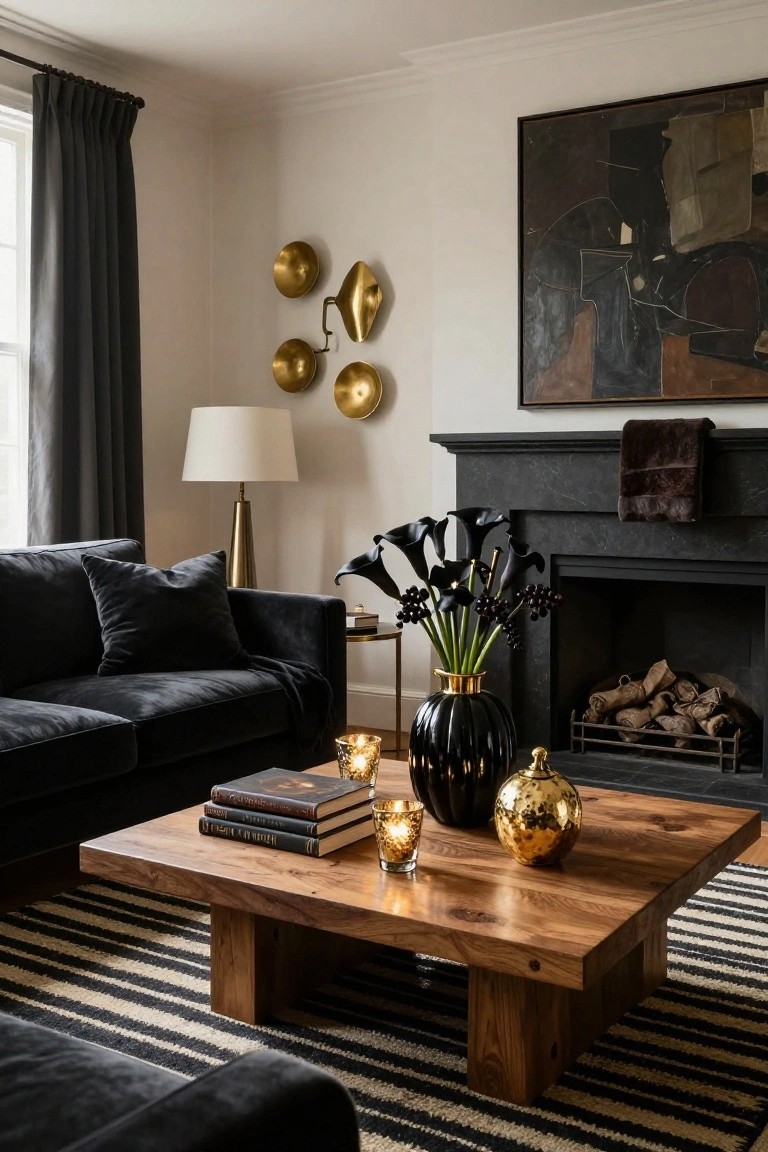 Living room with black velvet sofa, oak coffee table holding books and gold glassware, bouquet of black calla lilies with berries in black and gold vase next to black marble fireplace, gold lamp and wall decor, and black-and-white striped rug.