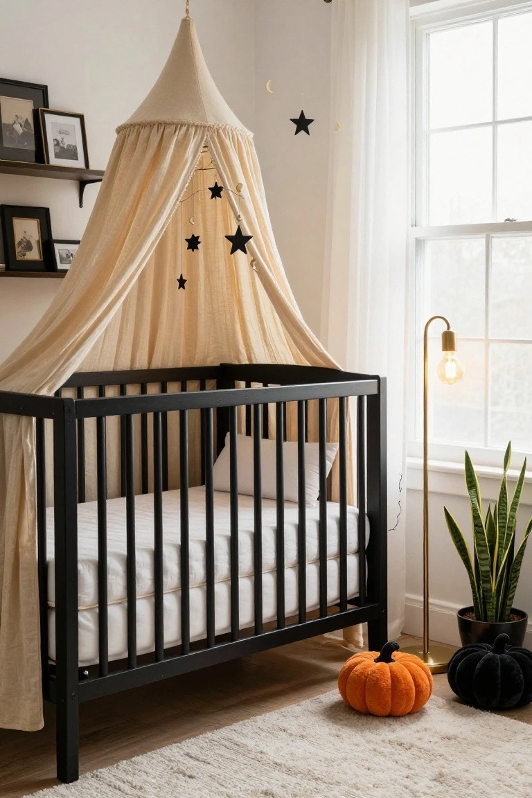 Black wooden crib with white mattress and pillows under a beige fabric canopy with black star decorations, orange and black plush pumpkins on the floor, gold floor lamp, houseplants, and wall shelves in a nursery room by a window.