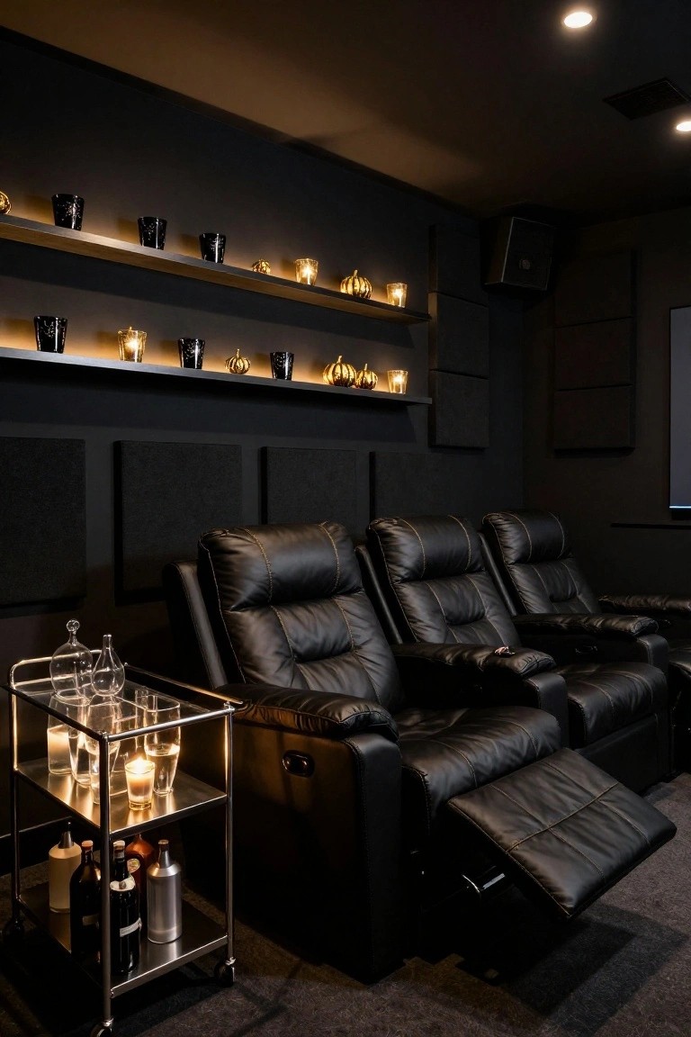 Dark home theater room with three black leather reclining seats, stainless steel bar cart holding glassware bottles and candles, and black wall shelves displaying gold pumpkin candle holders and tea lights.