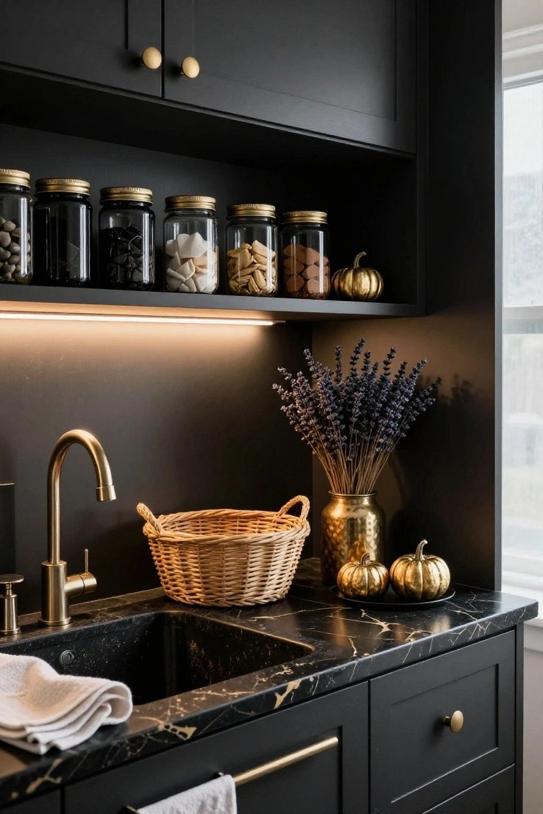 Close view of a dark matte black kitchen with open upper shelves holding glass jars of spices, nuts, and cookies, gold-handled faucet over black marble sink, wicker basket on counter, small gold pumpkins, lavender bouquet in gold vase, and lower cabinets with gold knobs.
