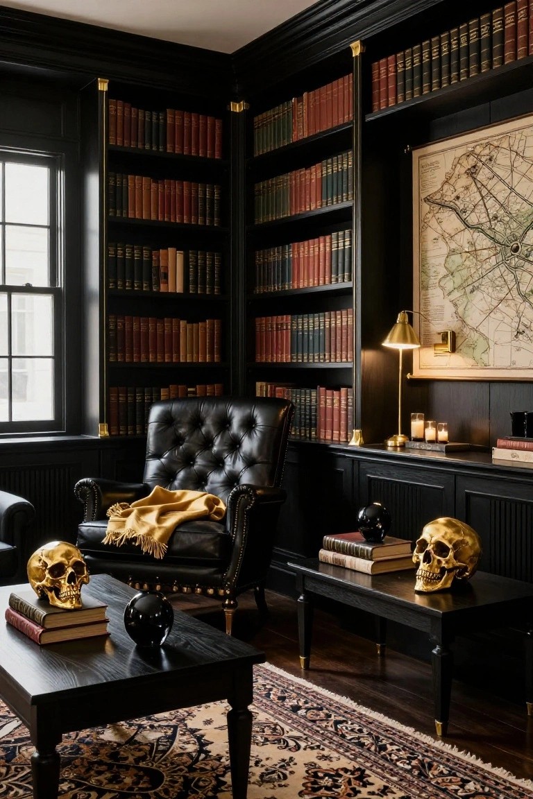 Dark library with black leather chair, golden skulls, bookshelves, and vintage map.