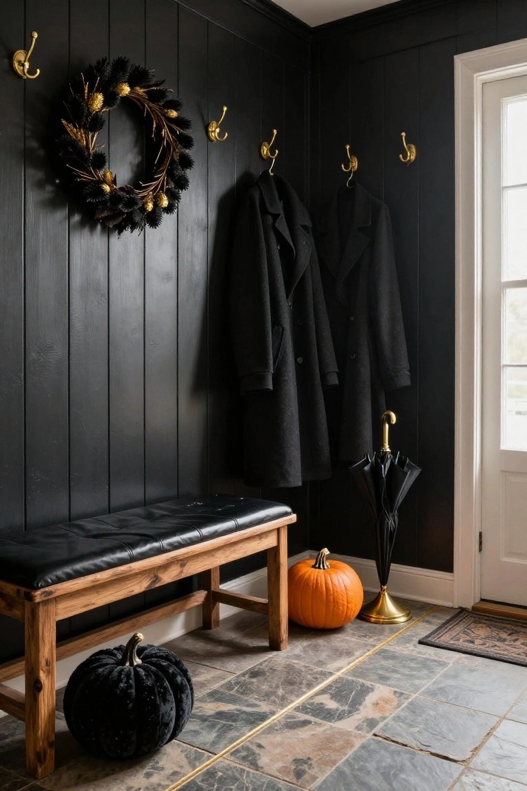 Black shiplap paneled entryway corner with gold hooks holding dark coats and umbrellas, wooden bench with black leather cushion and pumpkins nearby, black wreath on wall, and white door.