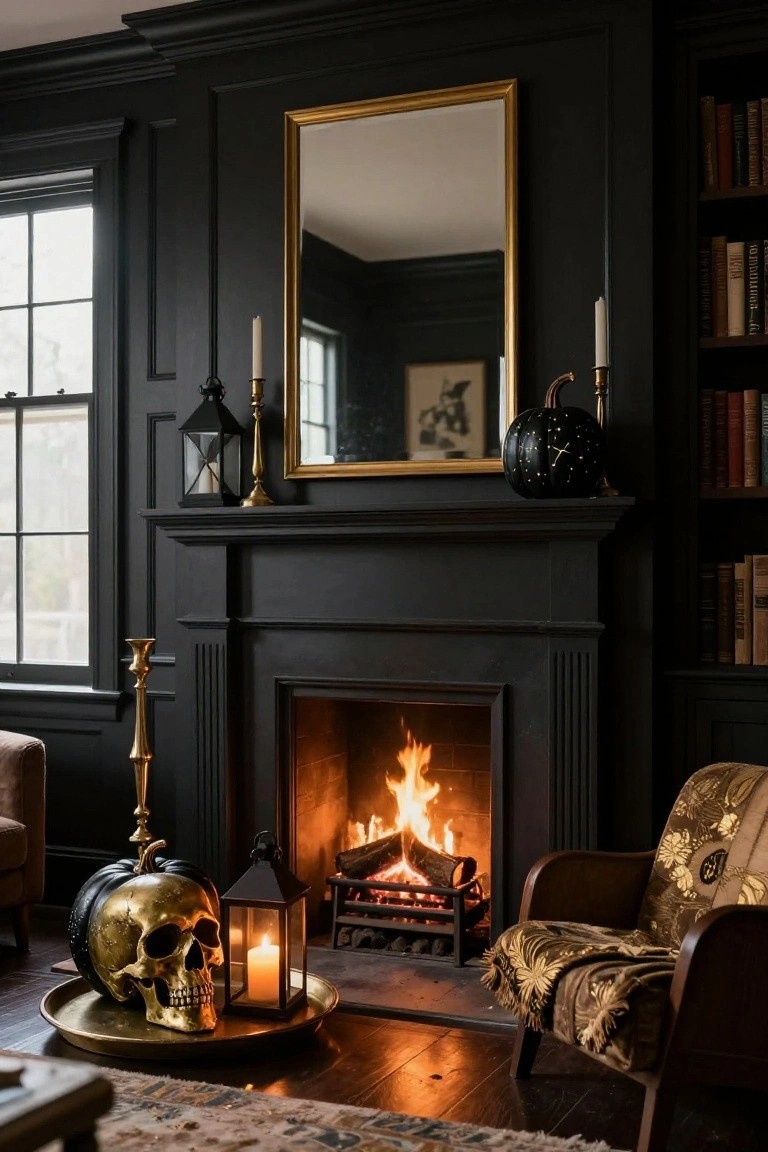 Dark paneled interior room with black walls, lit fireplace, gold candelabras, metallic gold skull on brass tray with black pumpkin, black starry pumpkin on shelf, lanterns, bookshelves, gold-framed mirror, and patterned armchair.