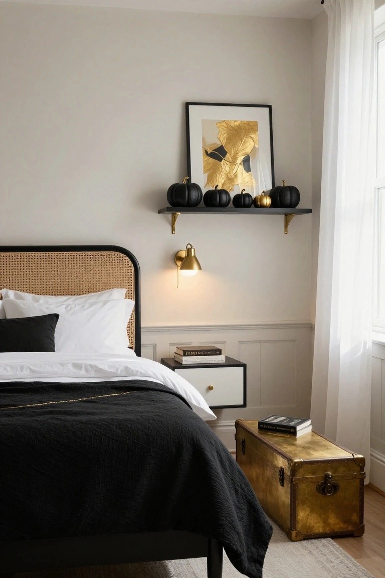 Bedroom corner featuring a black rattan headboard bed with white pillows and black throw, floating shelf with black pumpkins and gold leaf framed art, brass wall sconce, white nightstand with books, and gold trunk at bed foot on wood floor.