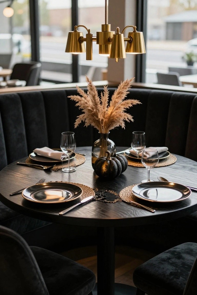 Elegant round table with black plates, gold accents, and pampas grass centerpiece.