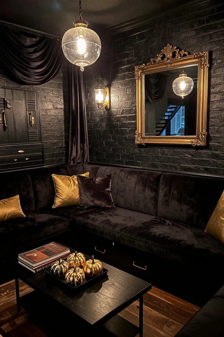 Dark interior room with black brick walls, black velvet L-shaped sectional sofa with gold and black pillows, black coffee table holding gold metallic pumpkins and books, gold-framed mirror, pendant lights, and black drapes.