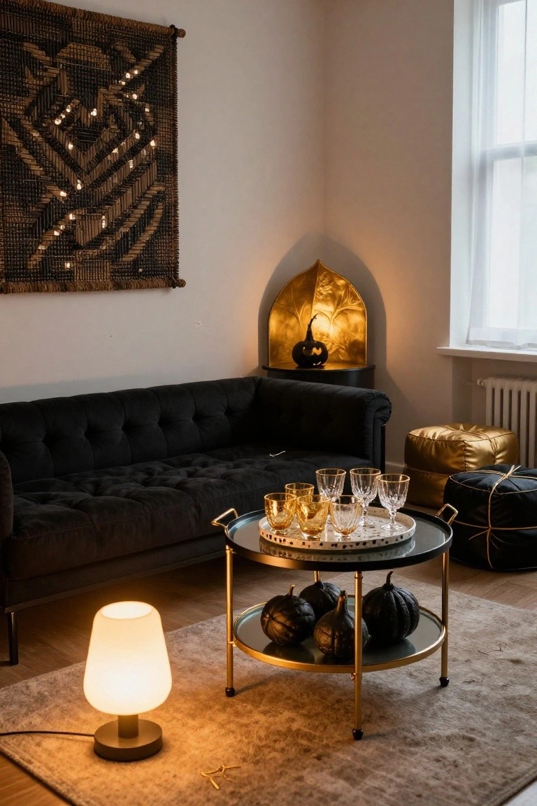 Corner of a living room with black velvet tufted sofa, gold metal coffee table holding black pumpkins and a tray of gold-rimmed glasses, gold poufs, black gift box, beige rug, opal lamp, and Halloween-themed wall art and corner lamp.