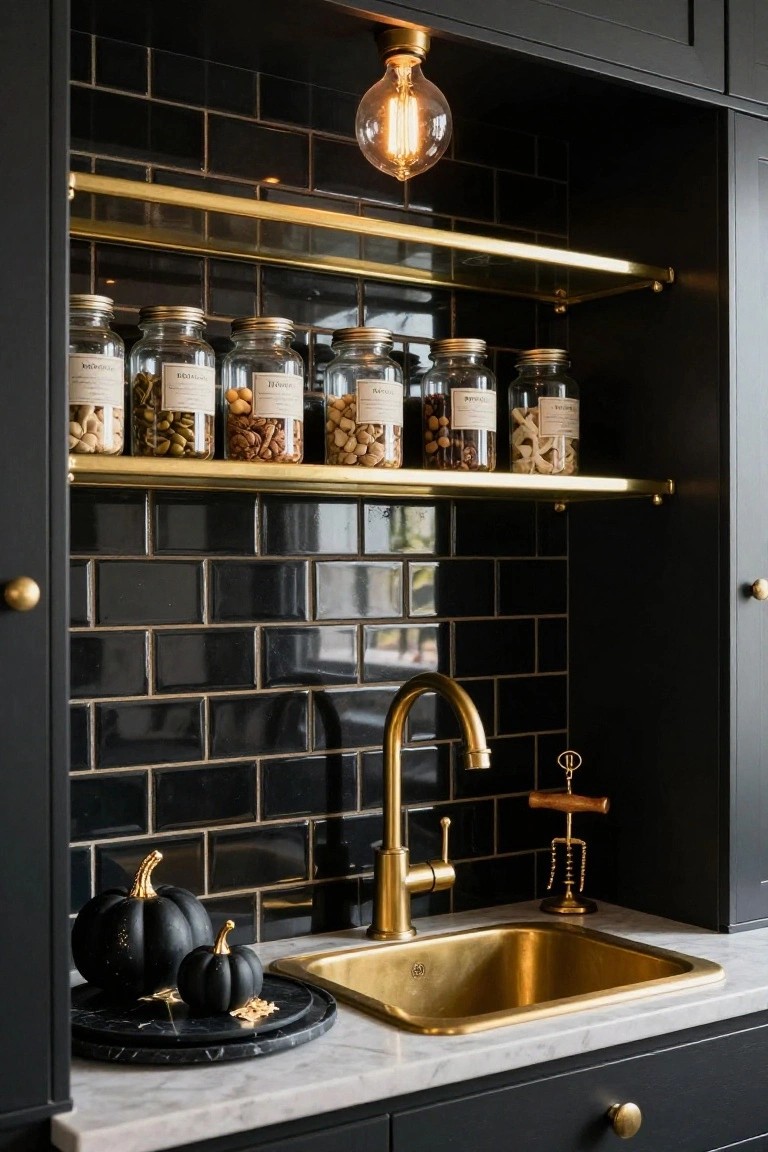 Elegant kitchen with black tile backsplash, brass shelves, gold sink, and labeled jars.