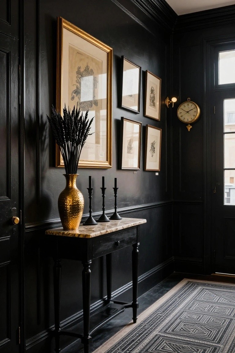 Narrow dark-paneled hallway with gold-framed artwork on walls, black console table topped with gold hammered vase of black wheat stems and black candelabras, wall light and clock near black door.