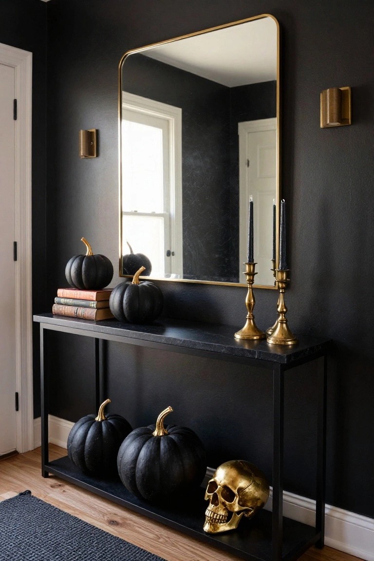 Black metal console table in a dark entryway holding stacked vintage books, several matte black pumpkins with gold stems, gold candelabras with black candles, and a gold skull, next to a large gold-framed mirror on a black wall.