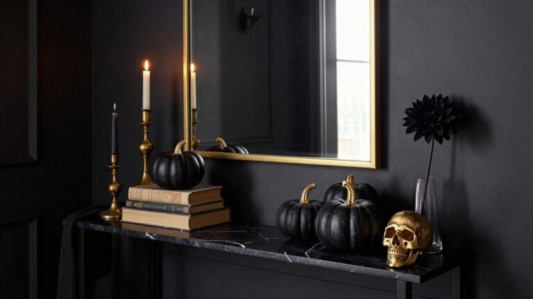 Black metal console table in a dark entryway holding stacked vintage books, several matte black pumpkins with gold stems, gold candelabras with black candles, and a gold skull, next to a large gold-framed mirror on a black wall.