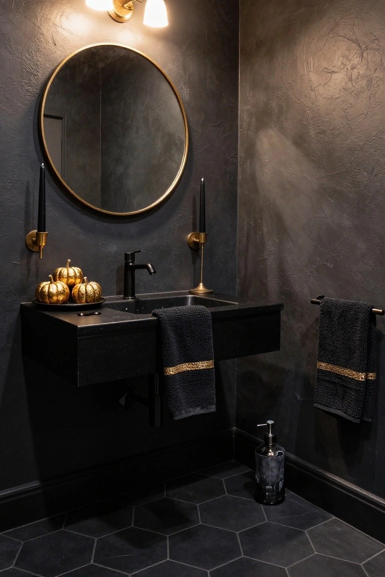 Black powder room with textured dark walls, large round gold-framed mirror, floating black vanity and sink with matte black faucet, cluster of gold-painted mini pumpkins on a black tray, black towels with gold trim on a bar, gold candle sconces, black hexagonal floor tiles, and a glass soap dispenser.