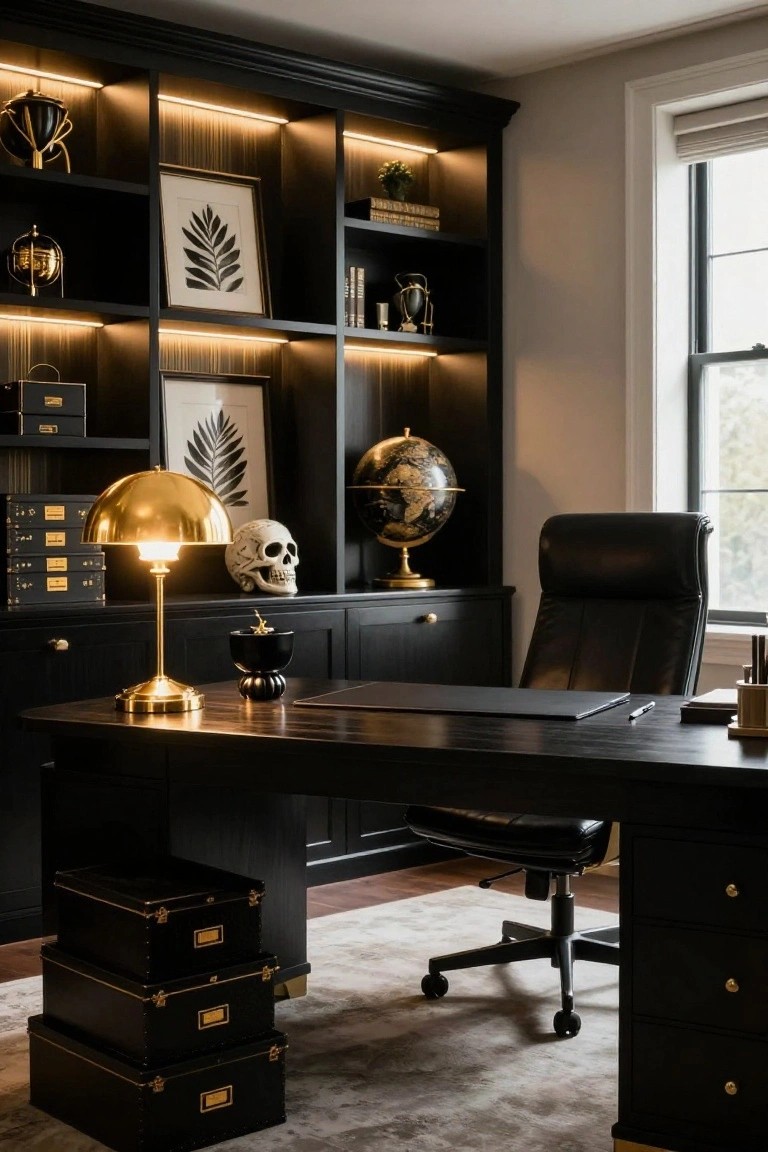 Black wooden desk with leather chair in front of tall built-in black shelving unit featuring LED lighting, gold lamp, white skull, globe, plants, and art prints, with stacked black boxes on the floor.