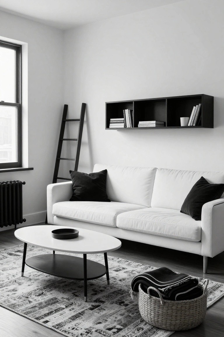 Black and white living room with white sofa and black pillows, leaning black ladder, wall-mounted black shelves with books, oval coffee table, radiator, and woven basket on patterned rug.