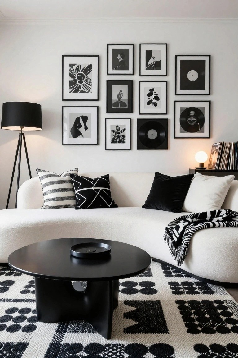 A modern living room with a white curved sofa, black coffee table on a black and white geometric rug, black floor lamp, and a gallery wall of assorted black and white framed artwork.