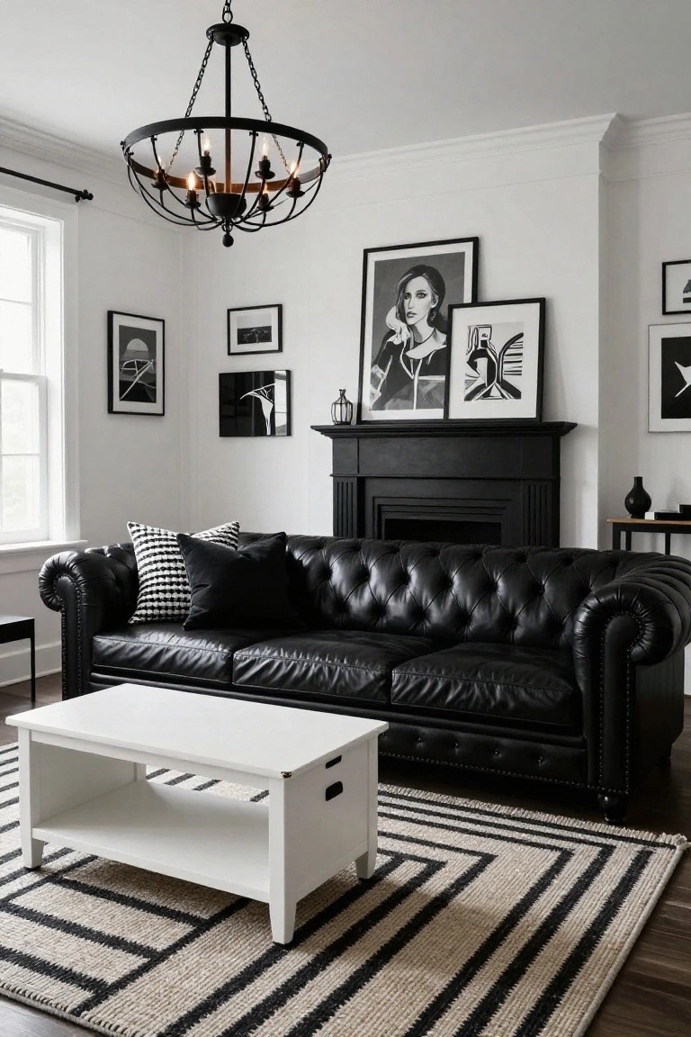 A living room with a black tufted leather Chesterfield sofa, white wooden coffee table with shelves, black fireplace mantel, black and white framed artwork on white walls, black metal chandelier, and black and white striped rug on hardwood floors.