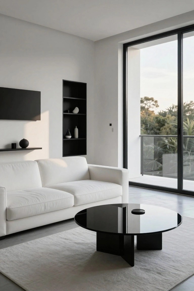 Modern living room featuring white L-shaped sofa, round black glass coffee table with X-shaped black legs, black wall shelves with ceramics, and large sliding glass doors to a balcony overlooking trees.