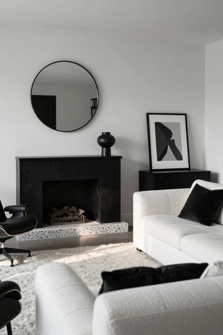 Modern living room with black wood fireplace, white bouclé sofa with black velvet pillows, black Eames chair, round black mirror on white wall, black vase, abstract black and white framed art, and white fluffy rug.