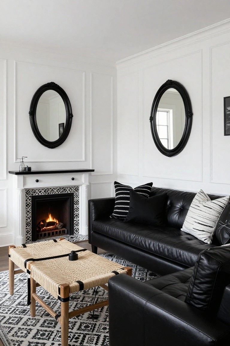Living room featuring a black leather sofa, white walls with black trim and oval mirrors, fireplace with black and white tiled surround, woven rattan coffee table, and black and white patterned rug.