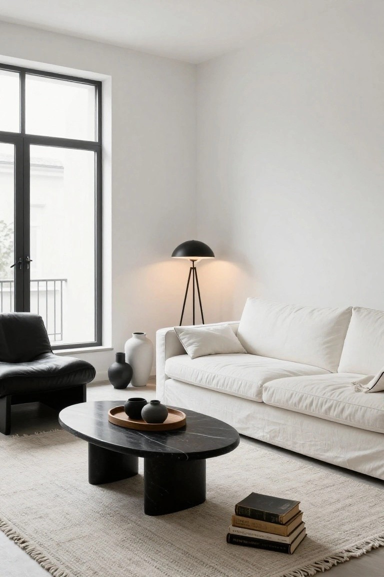 A minimalist white living room with a black marble oval coffee table, white linen sofa, black leather armchair, black floor lamp, white vases, and large black-framed windows overlooking a balcony.