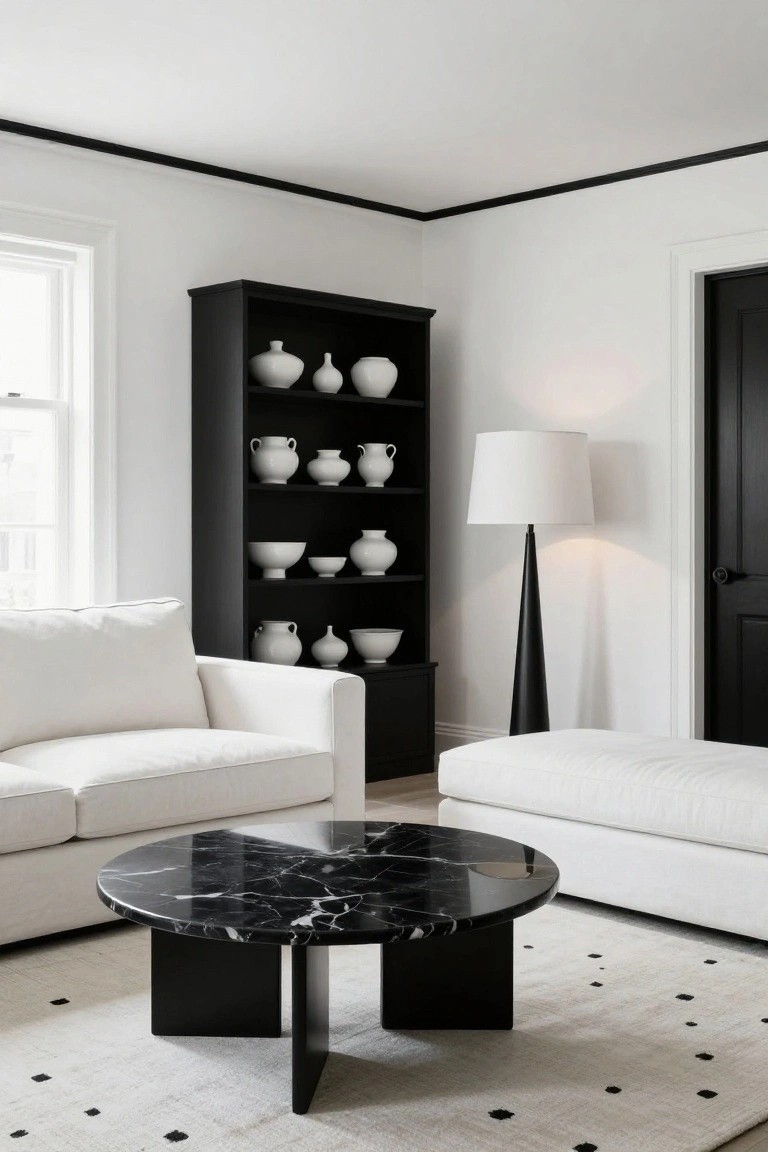 A bright living room corner with white walls, a tall black bookshelf filled with white ceramic vases and bowls, a white sofa and ottoman, a round black marble coffee table, a black floor lamp, and a cream rug with black dots.