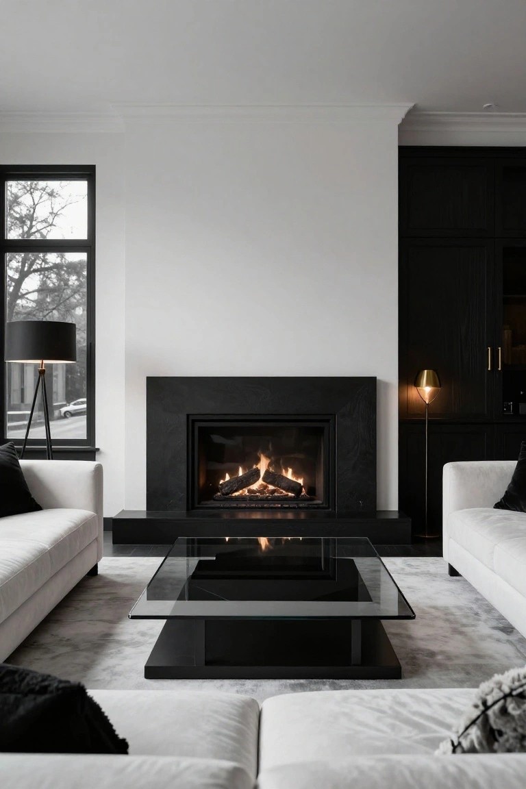 Modern living room with black stone fireplace centered on white wall, flanked by white sofas, black cabinets, glass coffee table, and floor lamp near window.