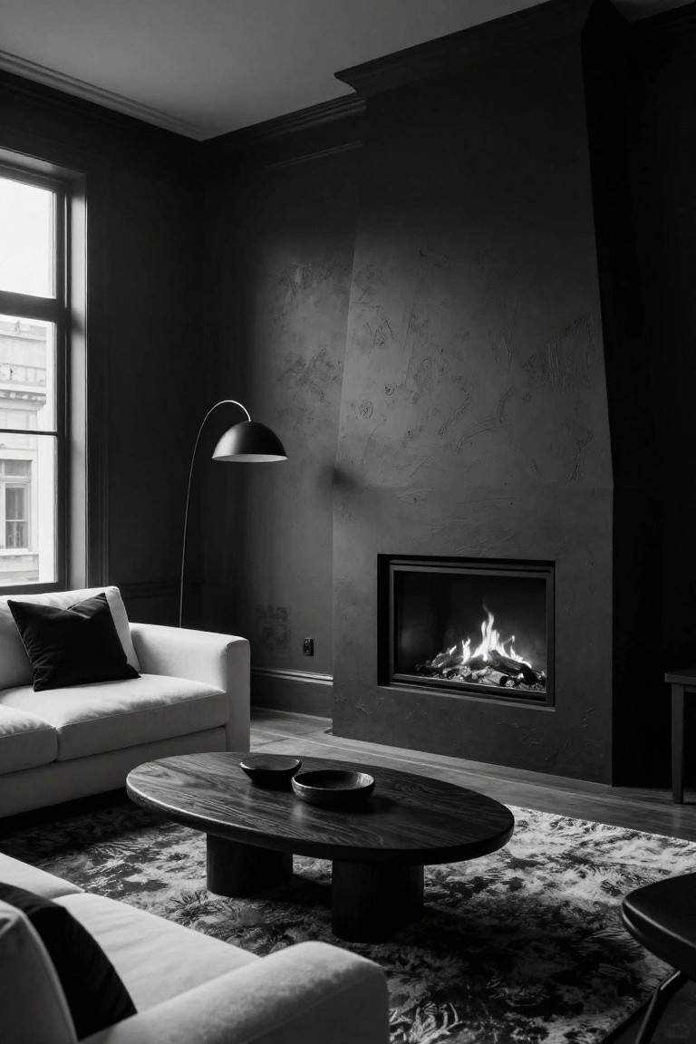 Black and white photo of a living room with dark textured walls surrounding a slim inset gas fireplace with flames, a white sofa with black pillows, black arc floor lamp, oval wood coffee table with black bowls, and a patterned rug.