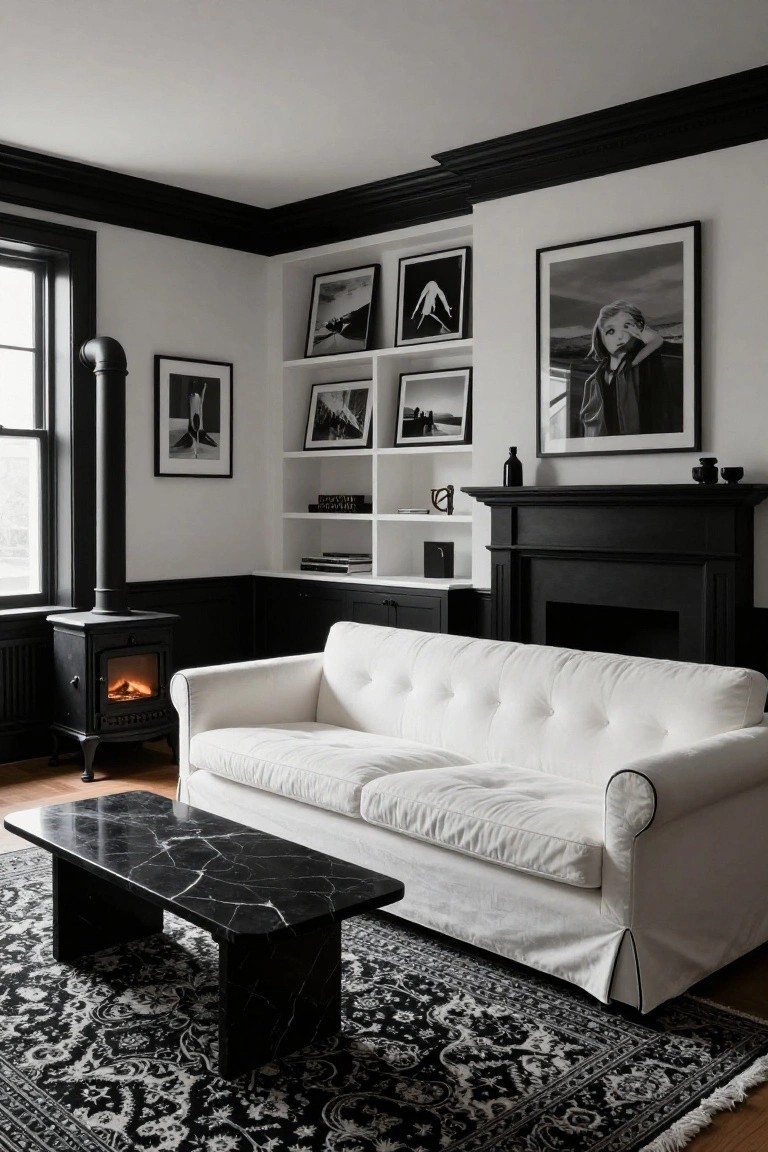 Living room with white walls and black-painted trim, crown molding, baseboards, and fireplace mantel, plus a white slipcovered sofa, black marble coffee table, black and white rug, and black wood stove.