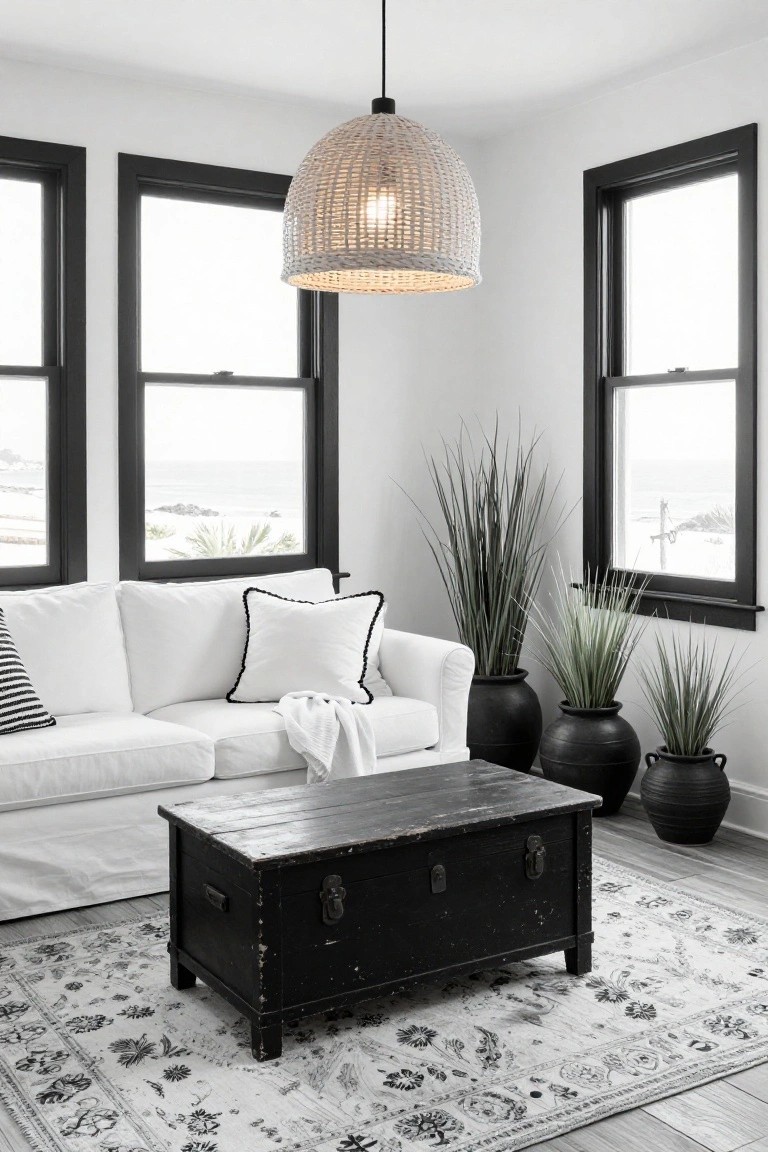 Corner of a living room with white slipcovered sofa, black wooden trunk coffee table on a gray and white rug, rattan pendant light, black pots of grasses, and black-framed windows showing ocean view.
