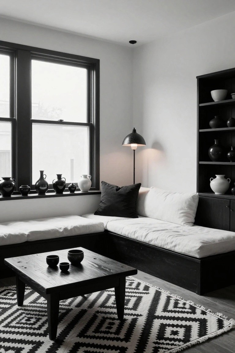A minimalist living room corner featuring an L-shaped white linen bench on a black wood base, a low black wood coffee table with black ceramic bowls, black shelves holding white and black pottery, black-framed windows with ceramics on the sill, and a black and white zigzag rug on the floor.