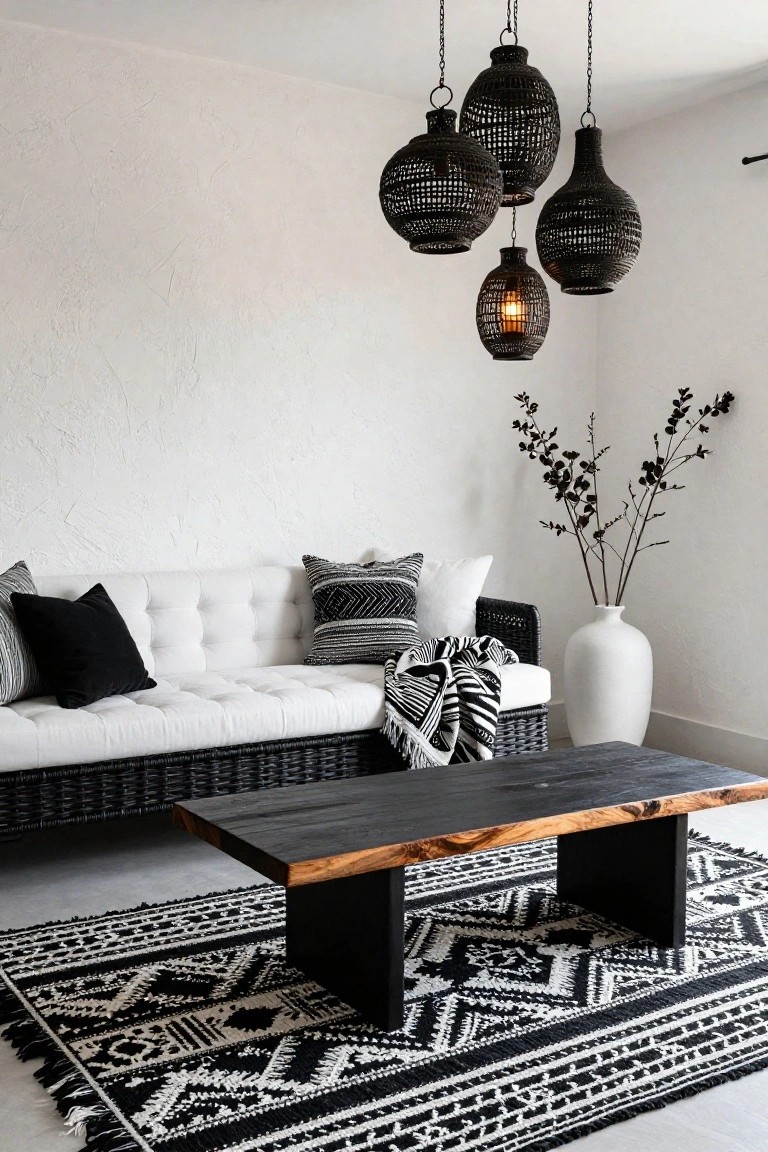 A living room with white textured walls, a white tufted sofa piled with black and patterned pillows and a throw, a live-edge black wood coffee table, a black and white geometric rug, a tall white vase holding black branches, and multiple black rattan pendant lights hanging from the ceiling.
