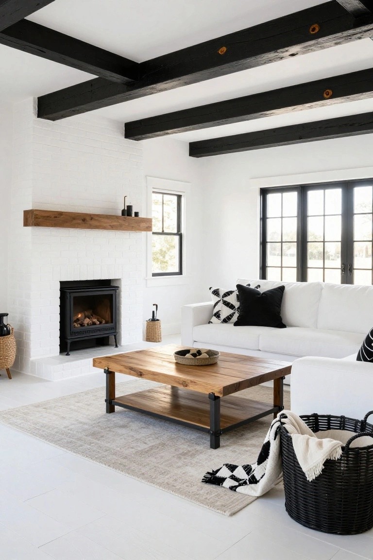Living room with black exposed ceiling beams, white brick fireplace and wood mantel, white sofa with black and white pillows, wood coffee table with black metal legs, beige area rug, and black-framed windows on white tiled floor.