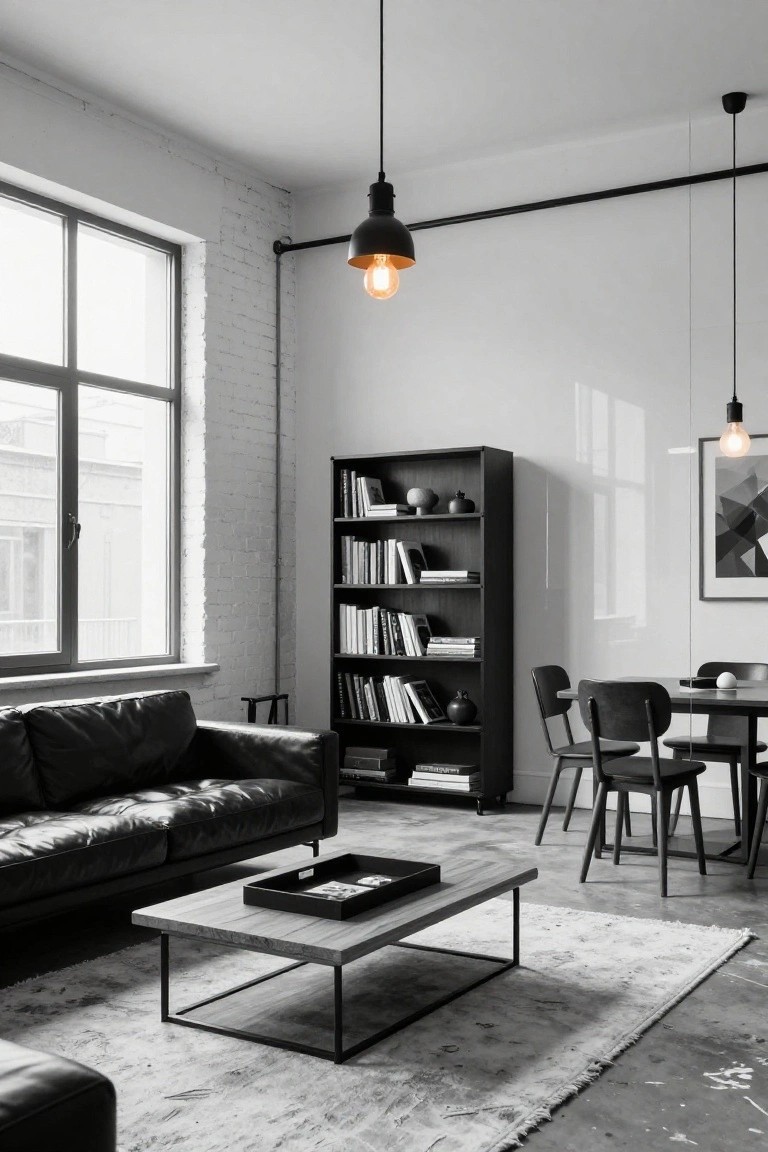 Black and white photo of a loft living room with exposed white brick wall, black leather sofa, wooden coffee table, tall black bookshelf with books, black dining chairs and table, and black metal pendant lights with glowing bulbs.