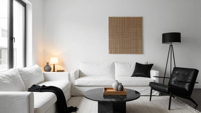 A minimalist white living room with a black marble oval coffee table, white linen sofa, black leather armchair, black floor lamp, white vases, and large black-framed windows overlooking a balcony.