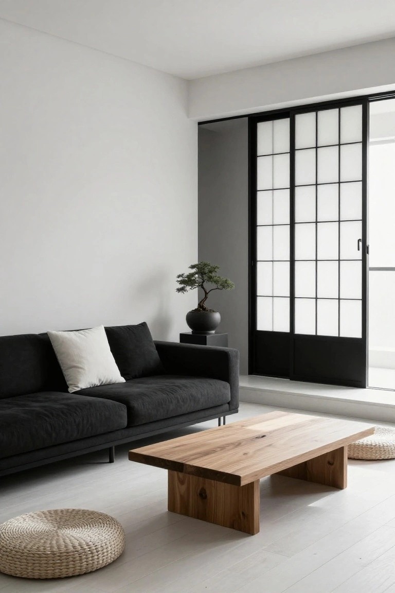 Minimalist living room interior with black velvet sofa, white throw pillow, light wood low coffee table, bonsai tree in black pot, beige floor cushions, and black-framed shoji sliding doors next to white walls and light flooring.