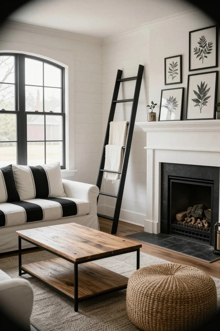 Living room with white shiplap walls, black arched window, black ladder holding white blankets beside white fireplace mantel with black insert, black-framed leaf prints, black and white striped sofa, rustic wood and metal coffee table, woven pouf, and beige rug.
