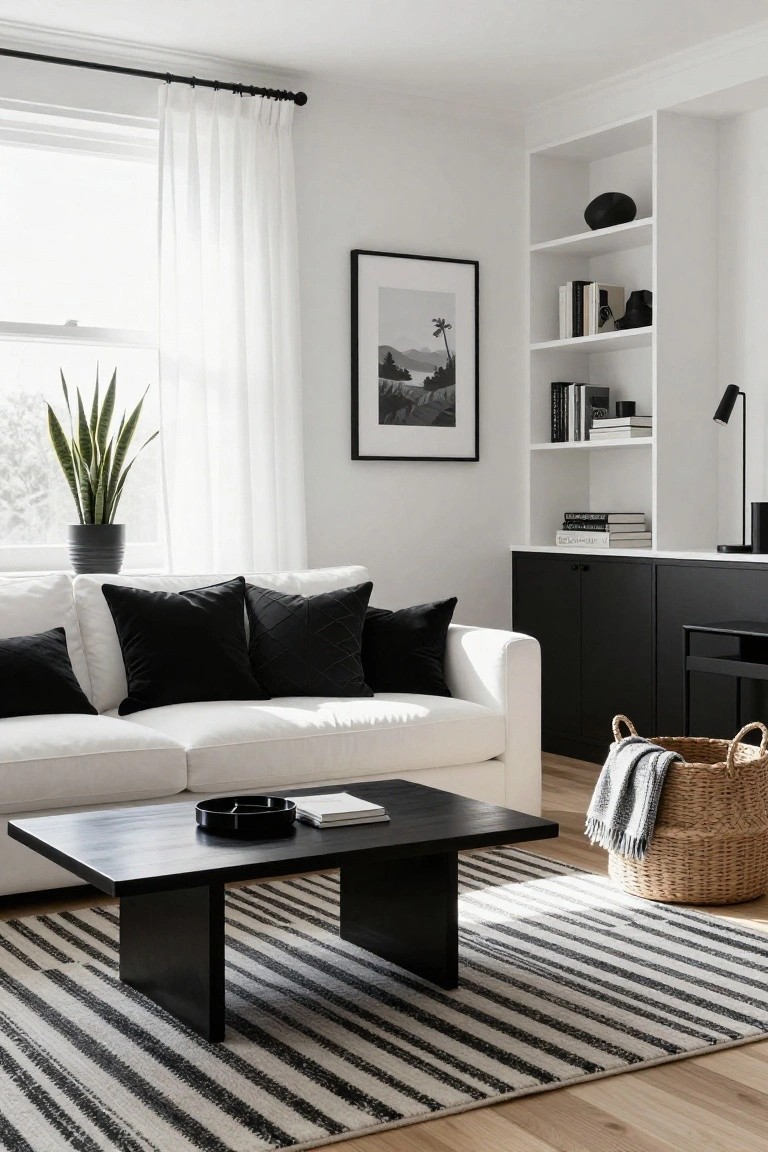 A bright living room with a white sofa topped by multiple black pillows, a black rectangular coffee table, black and white striped rug, built-in black cabinets and shelves, potted plant, and sheer white curtains on a window.