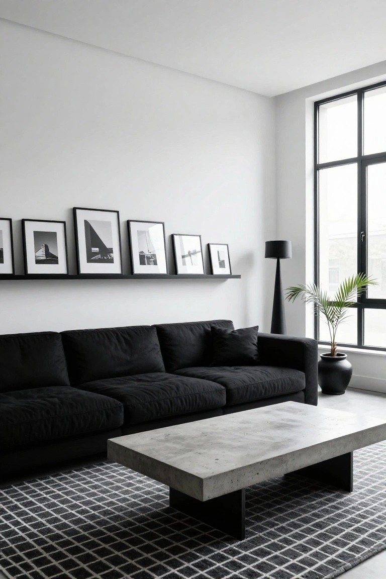 Modern living room interior with white walls, black L-shaped sofa, rectangular concrete coffee table, black floor lamp, potted palm plant, wall shelf holding black-framed black-and-white architectural photos, and black-and-white grid rug.