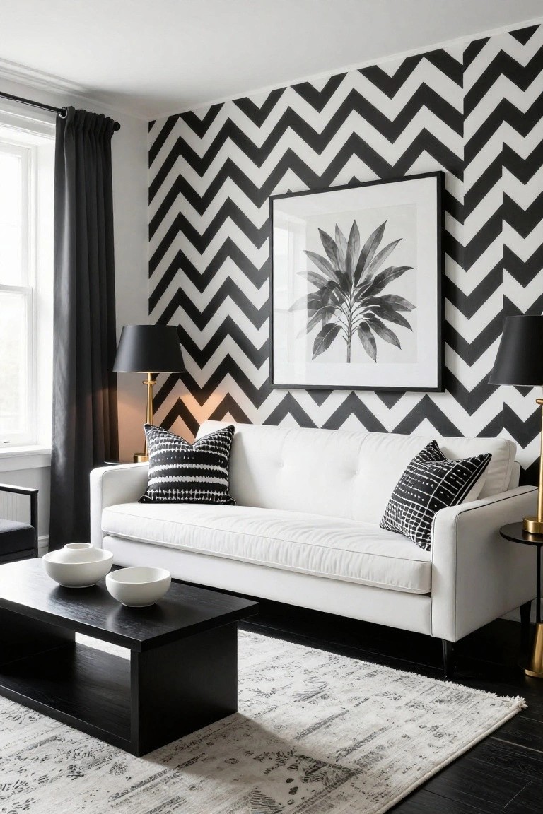 Living room with black and white zigzag wallpaper on one wall, white sofa with black and white pillows, black coffee table holding white bowls, gold lamps, and a large black framed leaf print on the wallpaper.