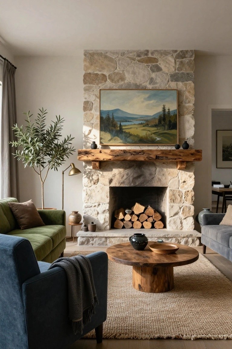 Living room with light beige stone fireplace and oak wood mantle, green velvet sofa, blue velvet armchair with throw blanket, round wood coffee table, seagrass rug, olive tree, and landscape painting above the fireplace.
