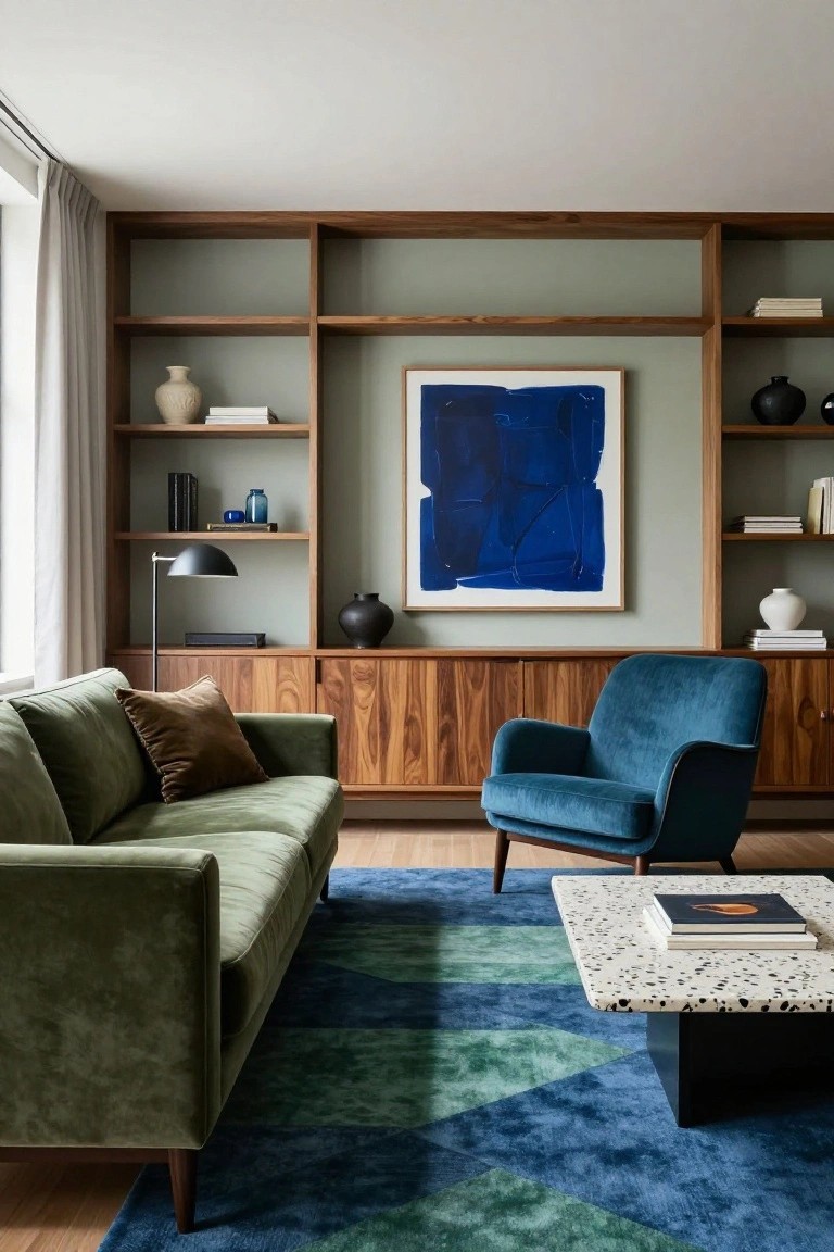 Modern living room with green sofa, blue armchair, and abstract art.