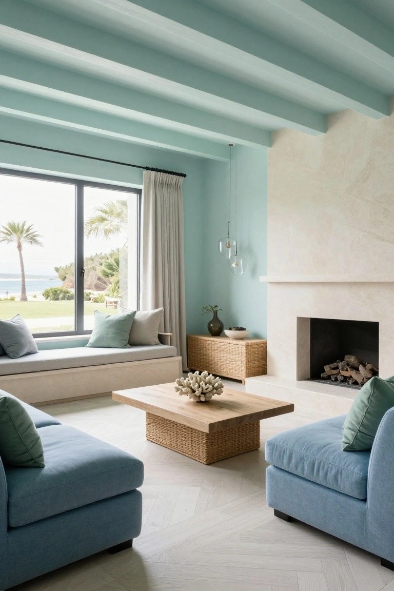 Living room with aquamarine painted wooden ceiling beams, blue upholstered sofas and window seat, beige stone fireplace with lit logs, rattan furniture, and large windows showing palm trees, lawn, and ocean view.