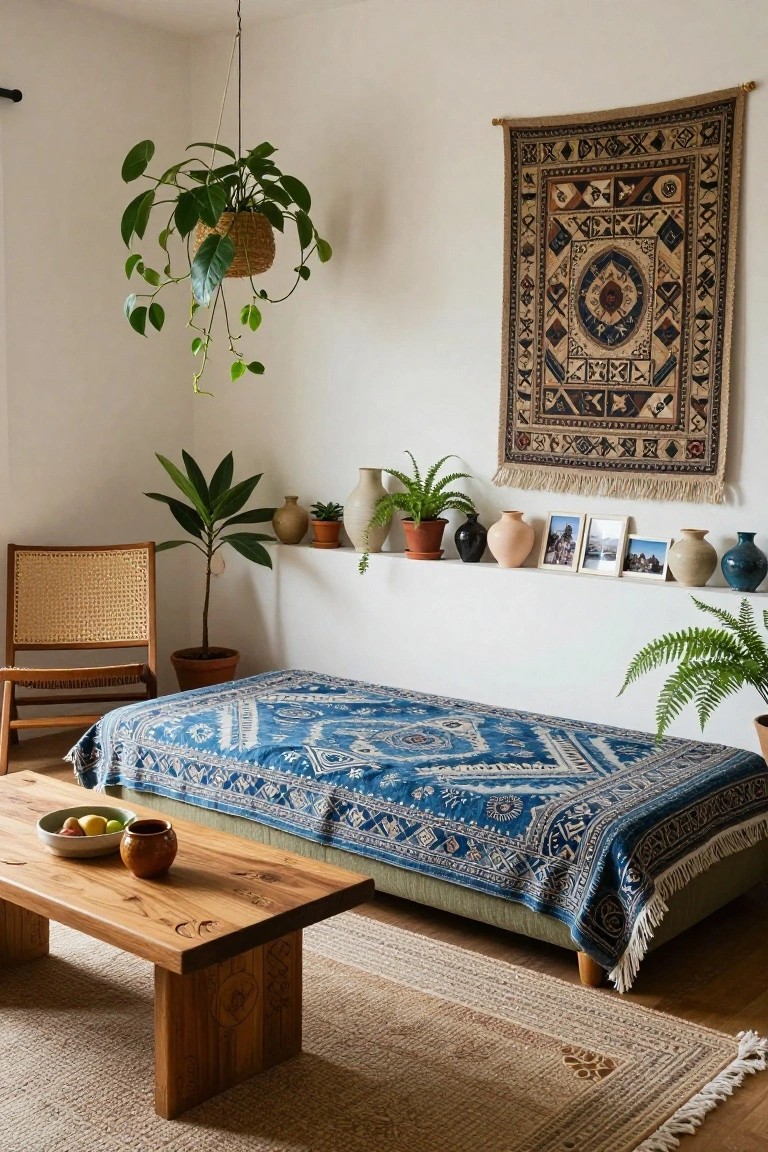 Indoor room with a low green-upholstered daybed covered by a blue patterned kilim rug, wooden coffee table holding a fruit bowl and mug, rattan chair, potted plants on white wall shelf with vases and photos, hanging plants, and large patterned wall tapestry.