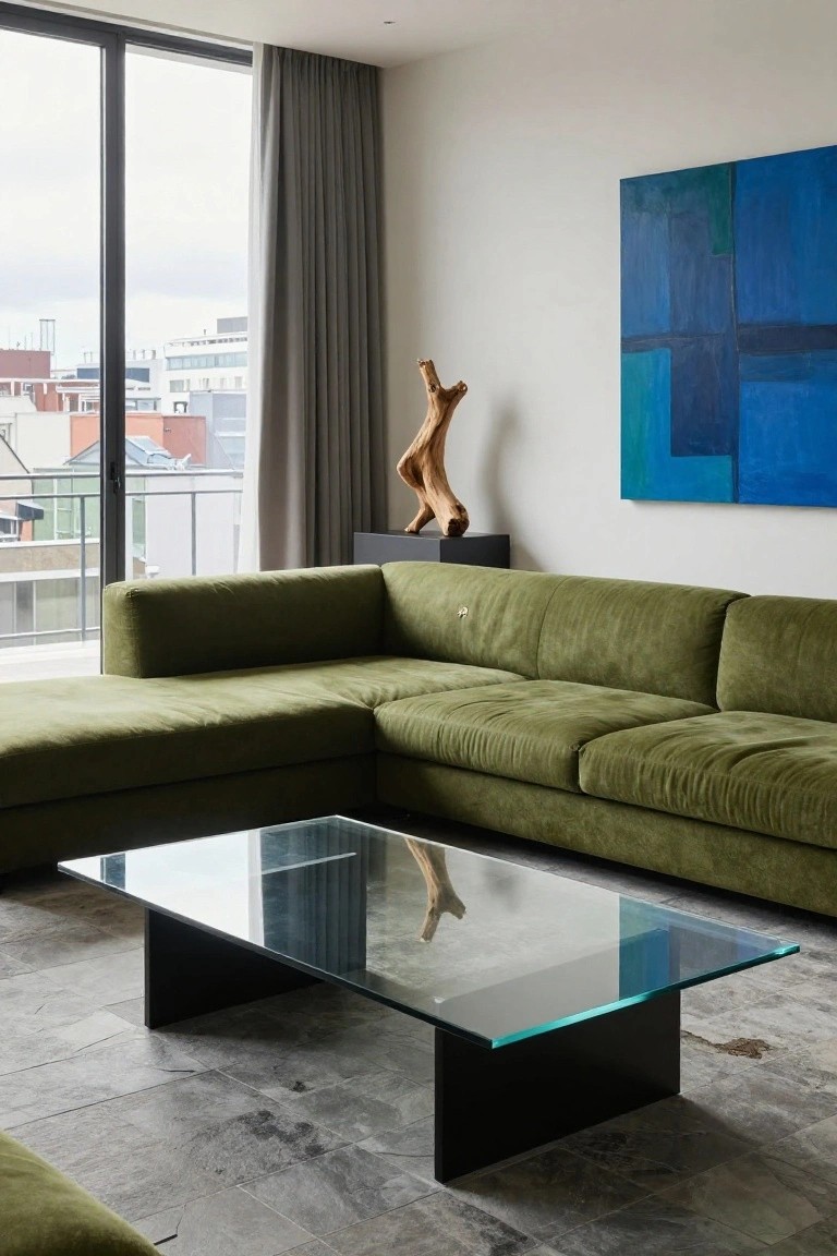 Modern living room with large L-shaped green velvet sofa, black-based glass coffee table, tall wooden sculpture on black pedestal, large blue and green abstract painting, gray slate floor, and floor-to-ceiling windows showing cityscape.