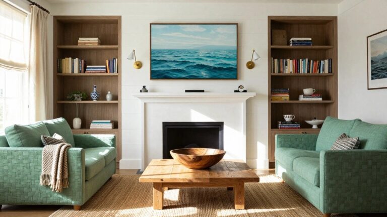Living room with navy blue linen sofa draped in cream throw, two green textured armchairs, low oak coffee table with wooden bowl, seagrass rug, white shiplap walls, large framed ocean beach painting, and window with beige linen drapes.