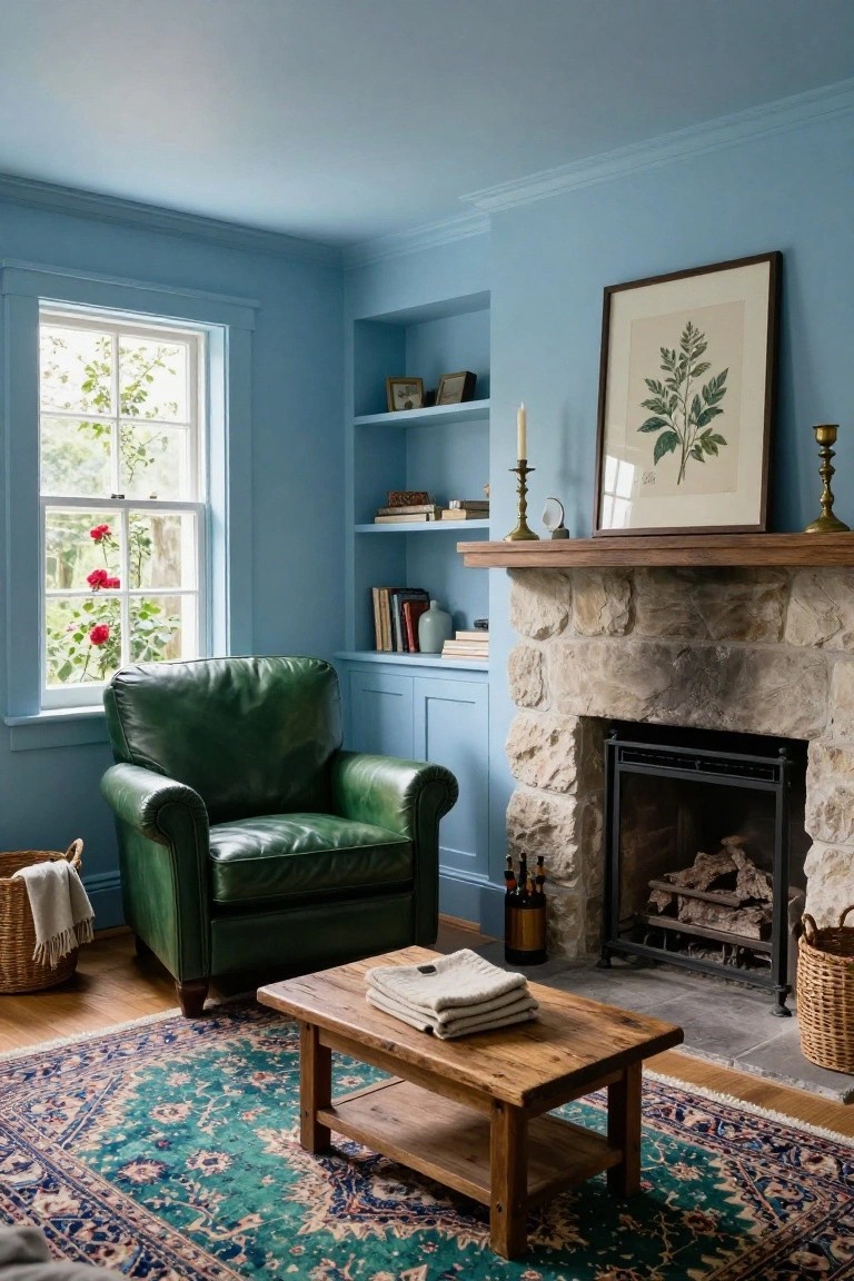Pale blue living room with green leather armchair facing a stone fireplace, wooden coffee table on blue-green Persian rug, bookshelves, and window with plants outside.