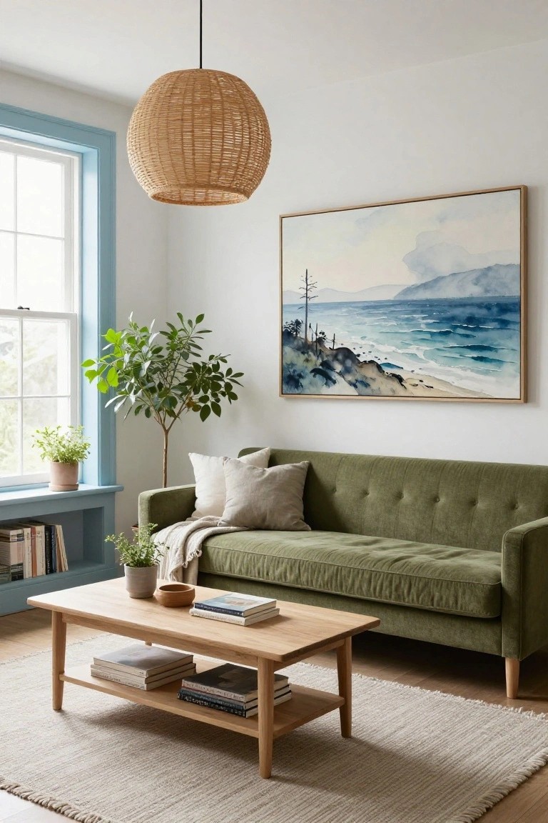Living room with green velvet tufted sofa, light oak coffee table holding books, rattan pendant light, potted plants on blue-trimmed windowsill and floor, built-in shelves with books, and large framed watercolor seascape painting on white wall above sofa.