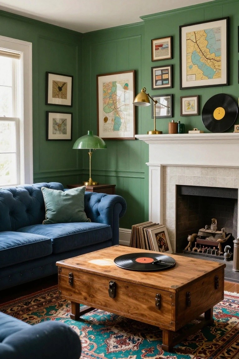 Emerald green paneled living room with blue velvet tufted sofa, wooden trunk coffee table holding a vinyl record, white fireplace mantel, framed maps and art on walls, and a green banker's lamp.