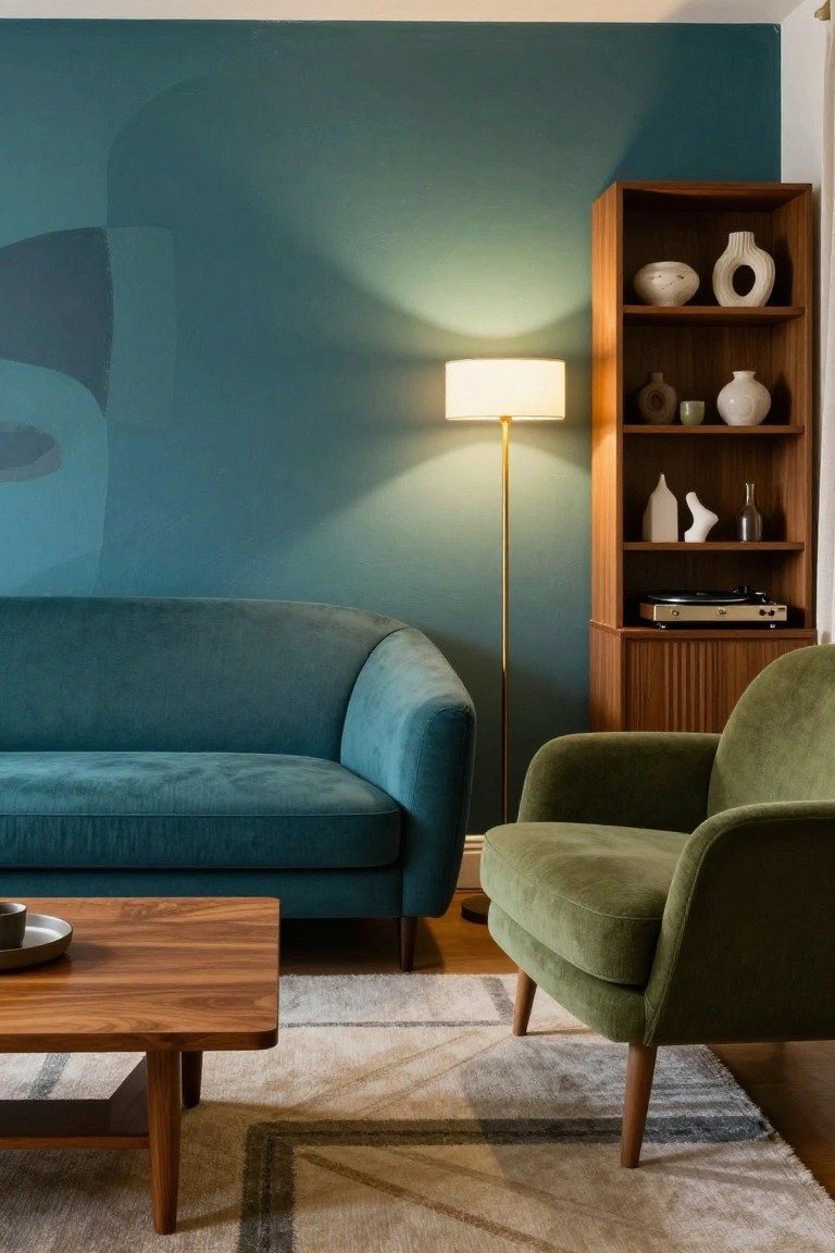 A living room featuring teal walls with abstract art, a curved teal velvet sofa, green velvet armchair, wooden coffee table and bookshelves filled with ceramics, a floor lamp, and a record player.