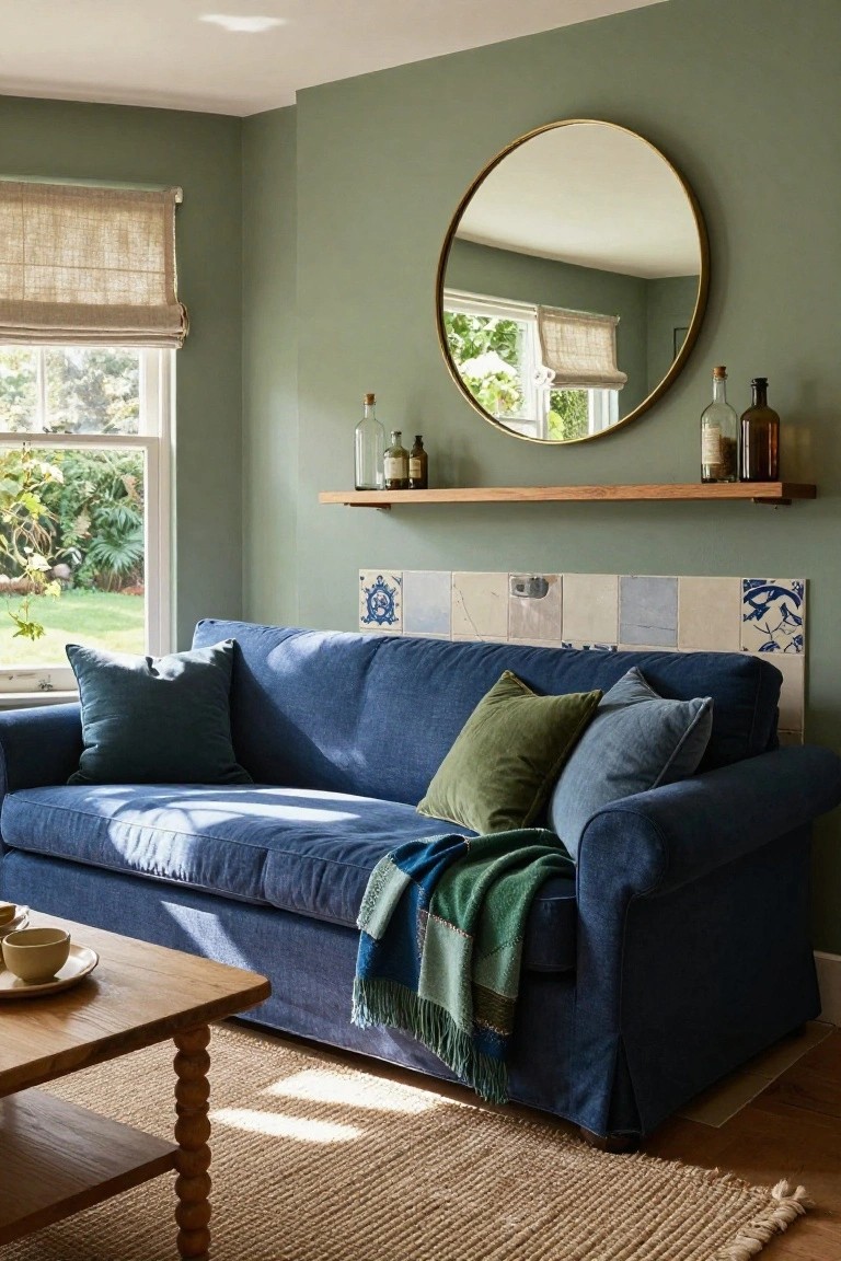 Living room with sage green walls, navy blue sofa topped with dark green pillows, light green and blue throw, blue and white tiled wall behind sofa, wooden coffee table with cup and plate, round gold mirror on oak shelf with glass bottles, linen roman shade on window showing garden view.